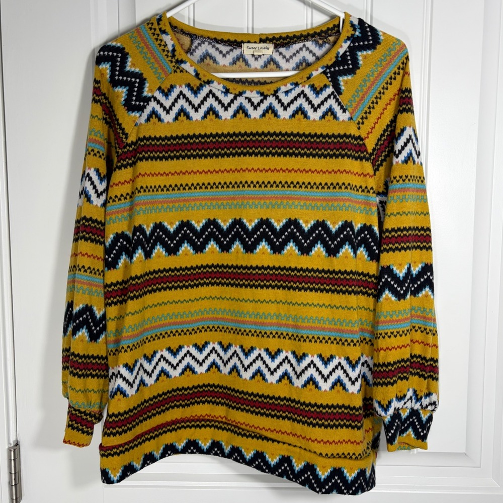 Sweet Lovely by Jen Mustard Yellow Tribal Chevron Knit Top Medium Boho Pullover